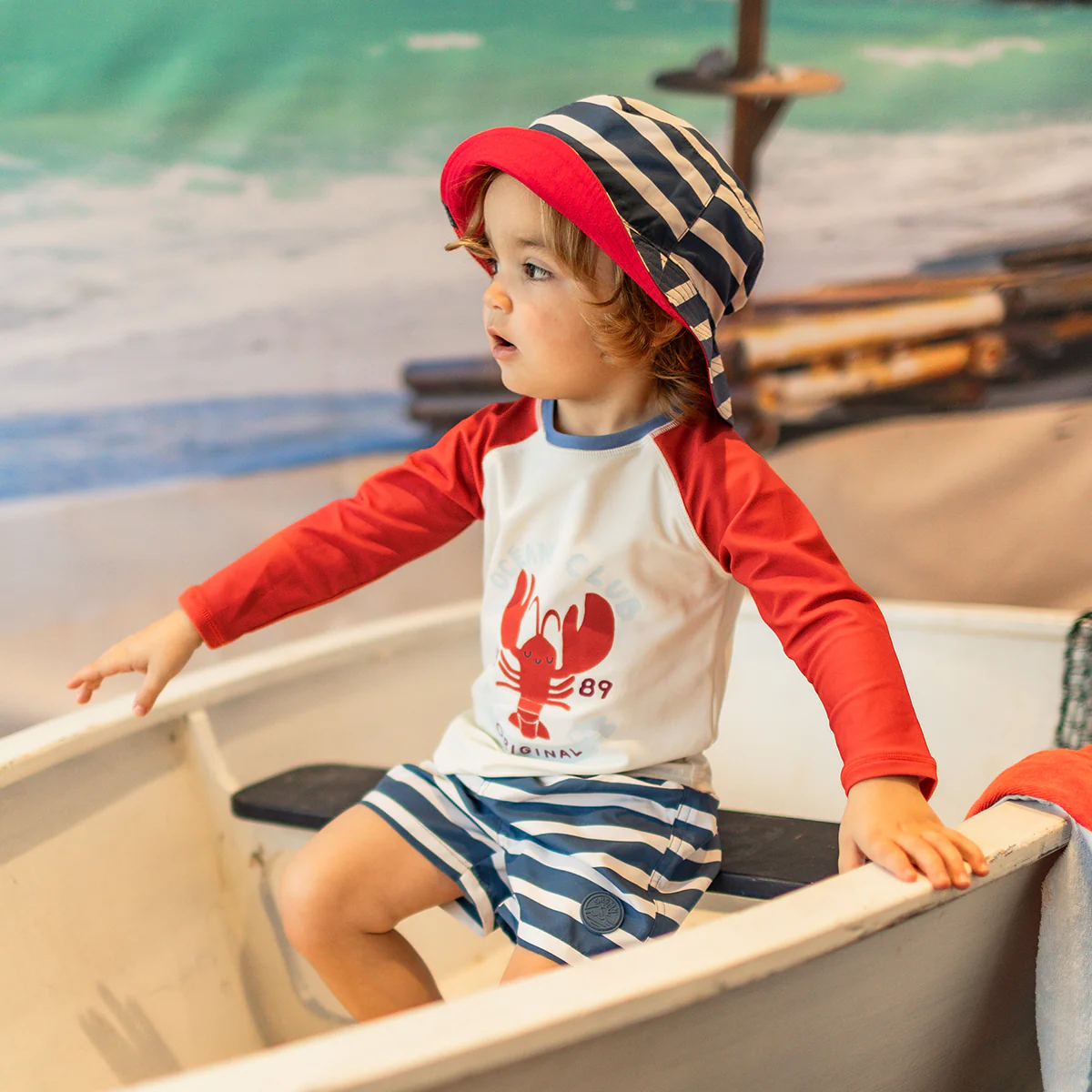 Bermuda de bain bleu et crème à rayures, bébé - Image 2