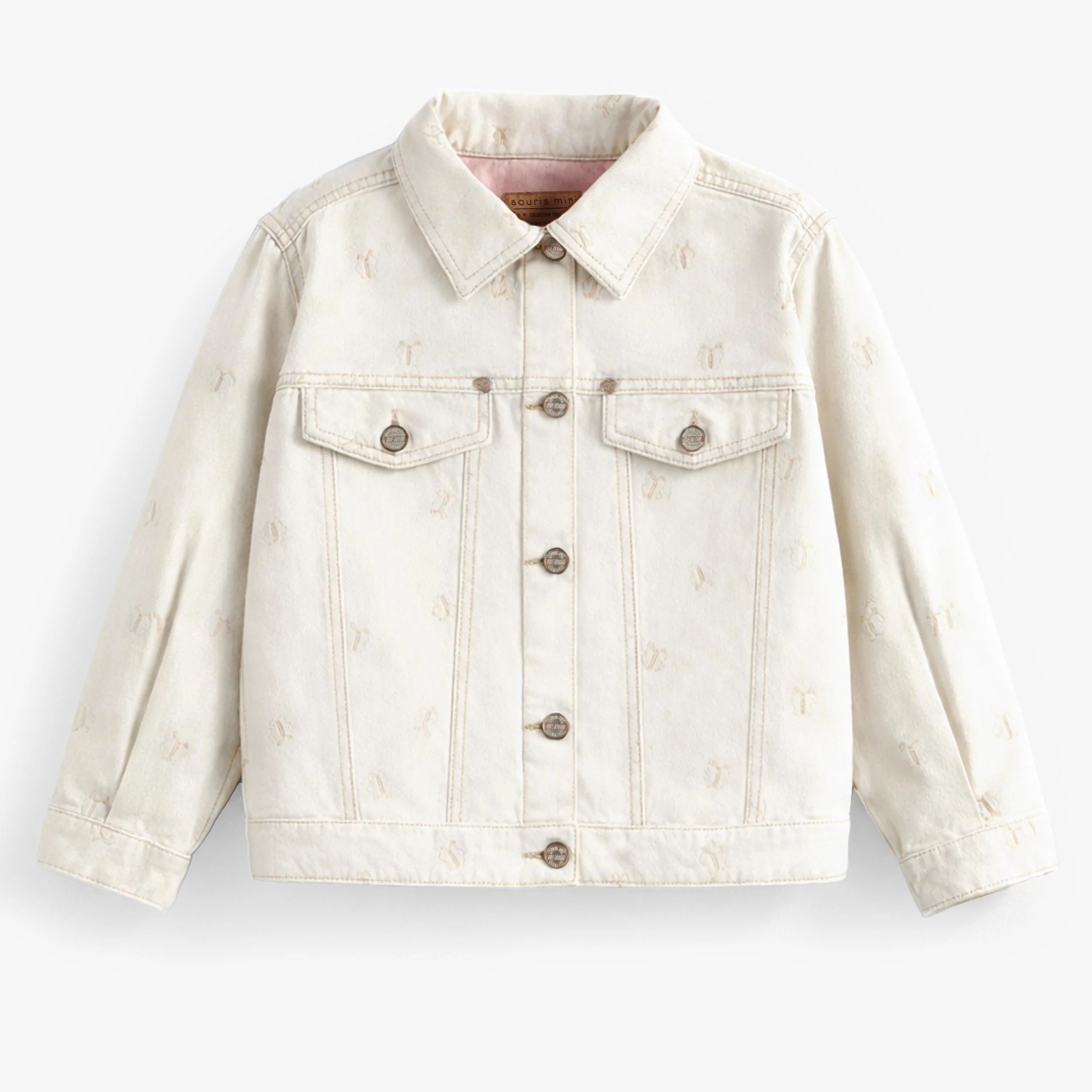 Blouson crème en denim avec broderies de papillons, enfant