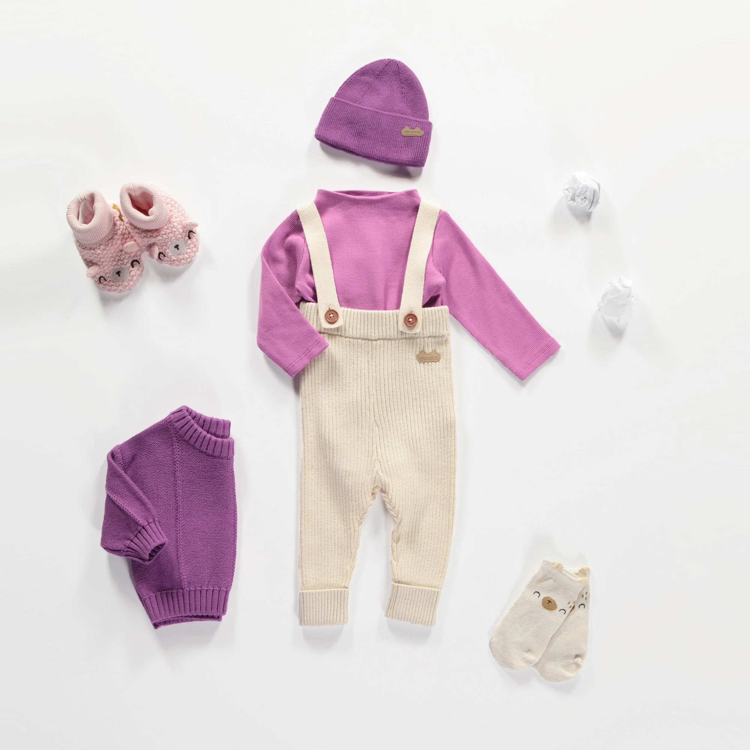 Cache-couche mauve à manches longues en tricot côtelé, naissance - Image 2