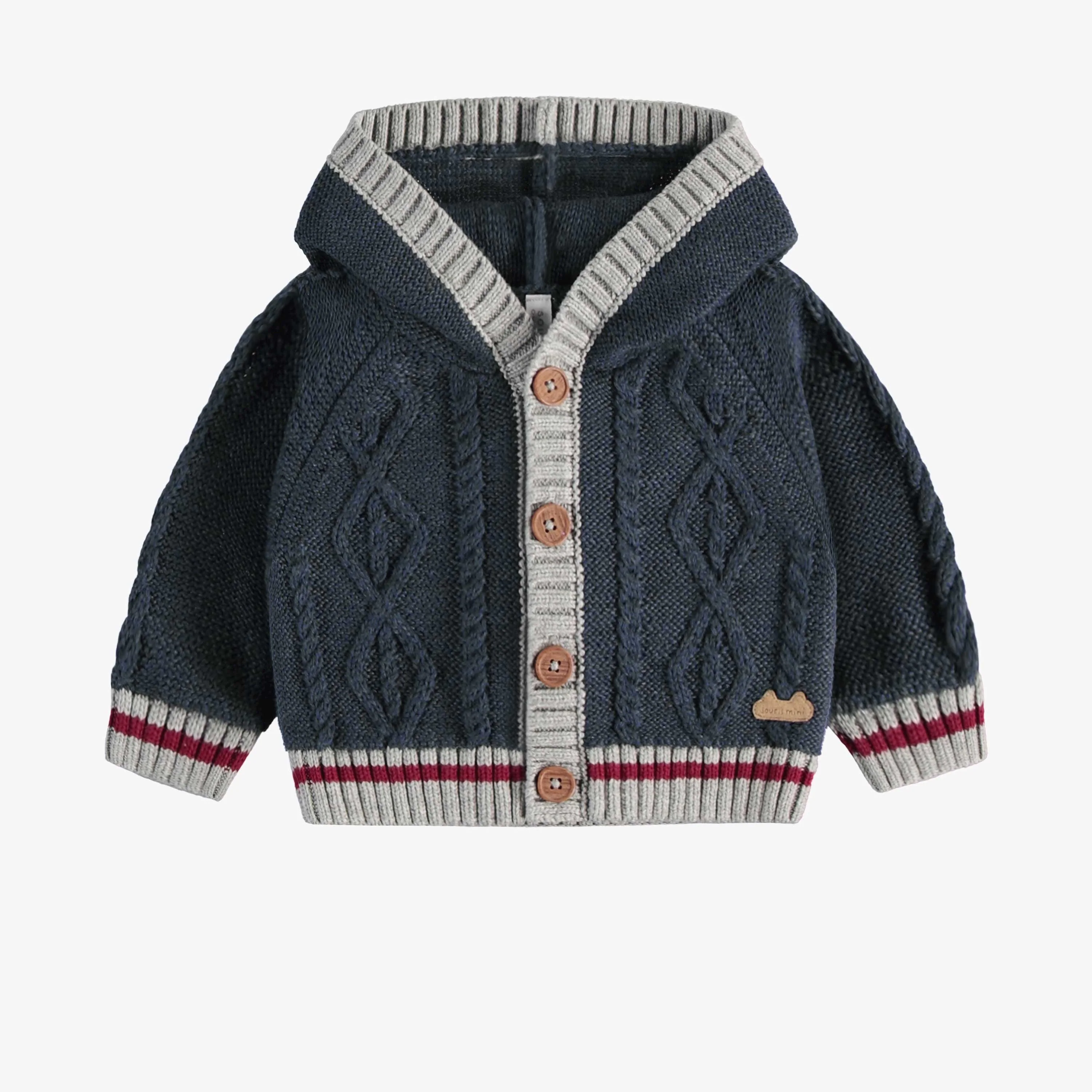 Cardigan en tricot marine-gris effet bas de laine avec capuchon, naissance
