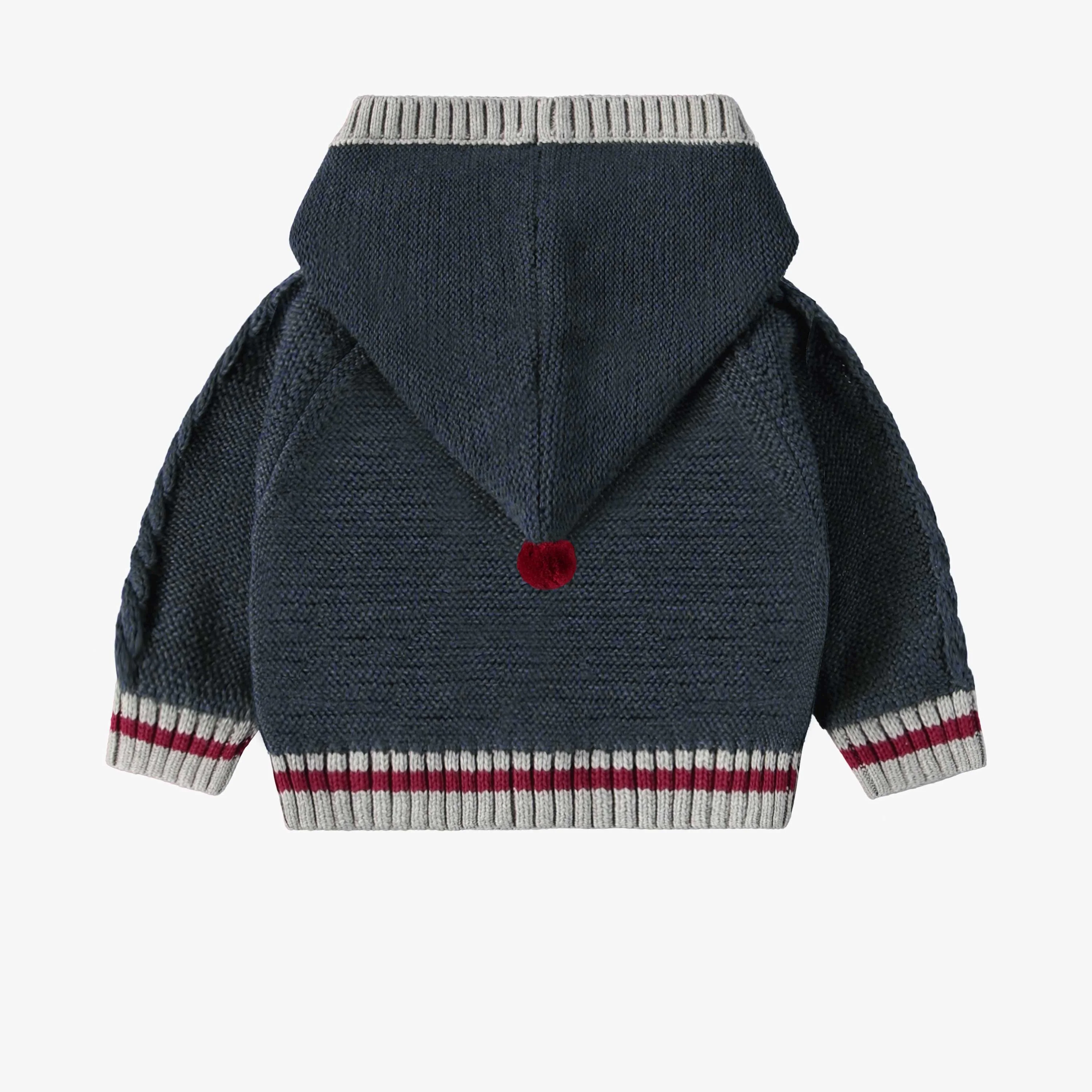 Cardigan en tricot marine-gris effet bas de laine avec capuchon, naissance - Image 2