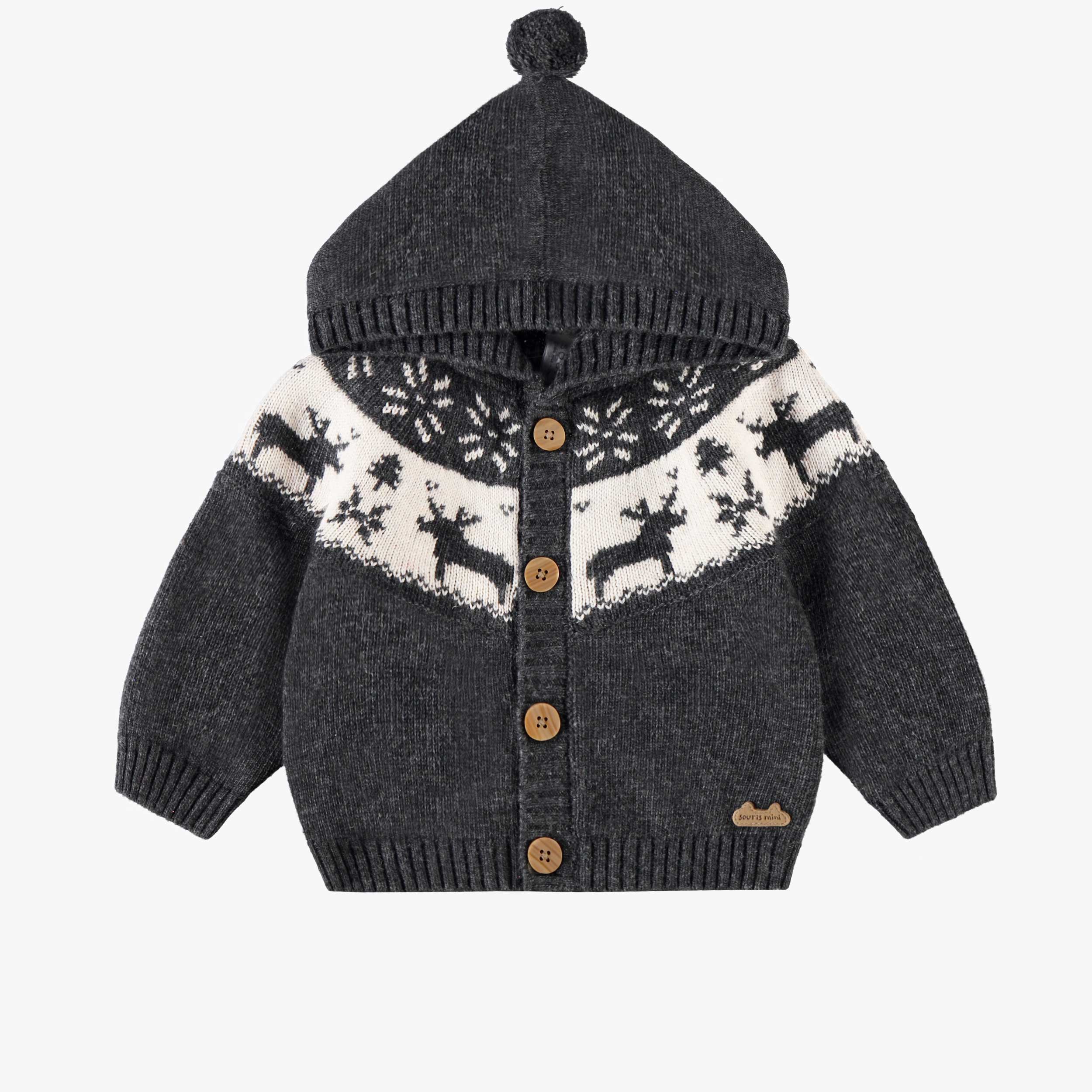 Cardigan gris en tricot avec motifs jacquard, naissance