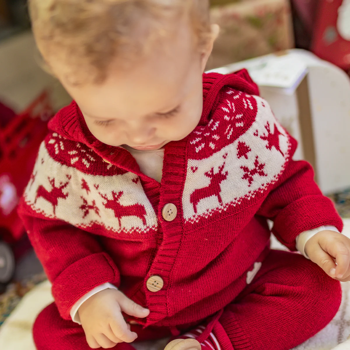Cardigan rouge en tricot avec motifs jacquard, naissance - Image 5