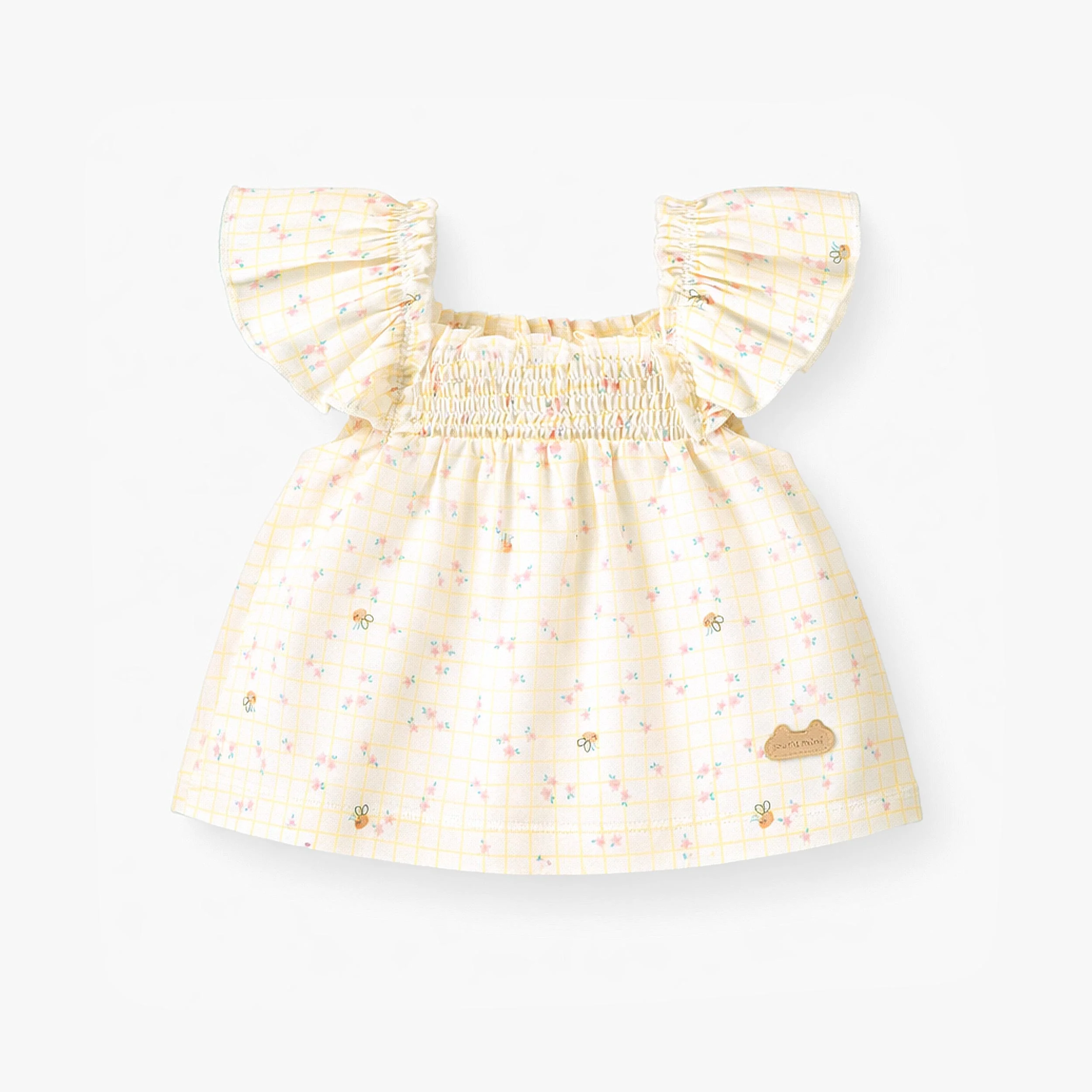 Ensemble deux pièces crème à carreaux et motif floral, naissance - Image 3