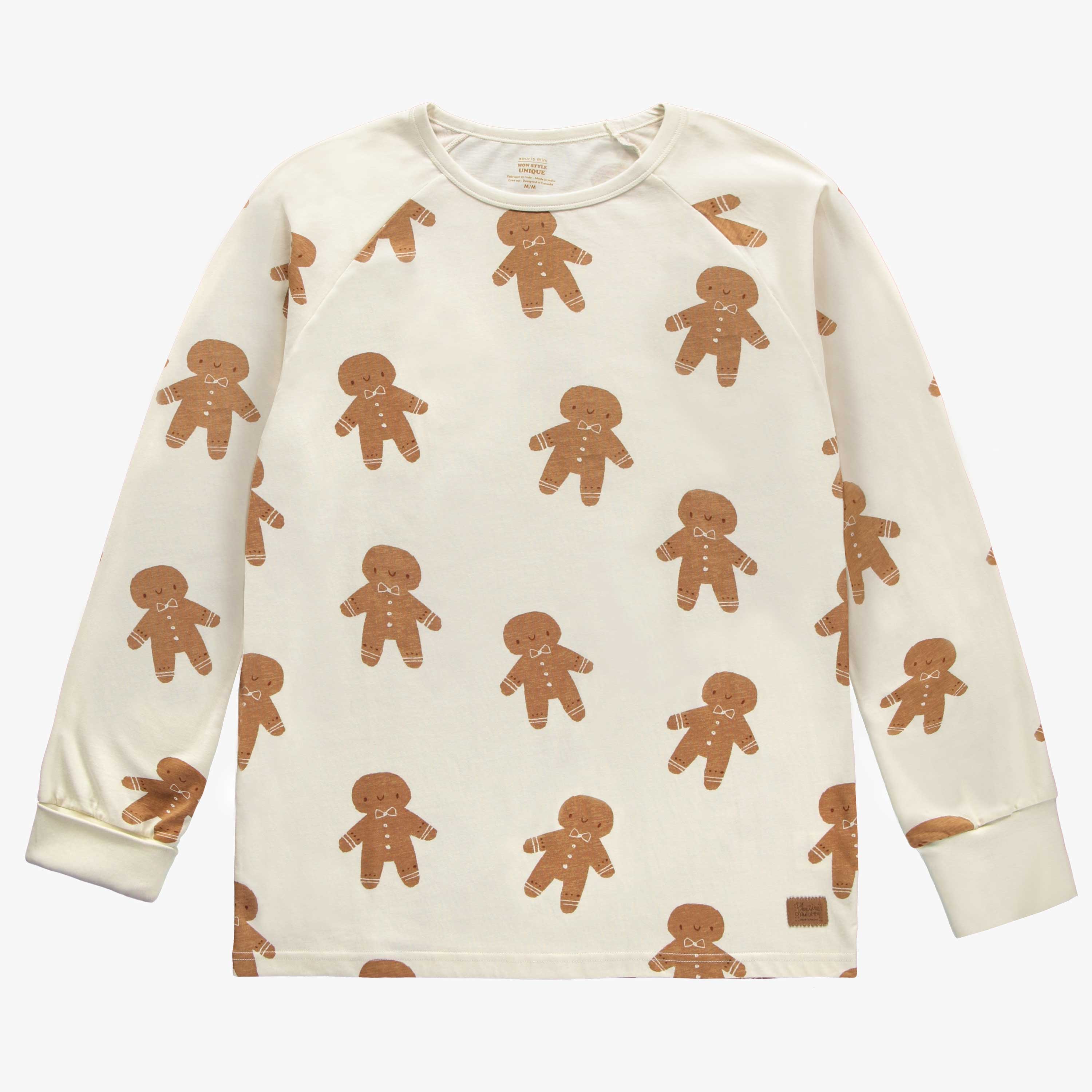 Haut de pyjama à manches longues crème à motif de pain d’épices en jersey extensible, adulte