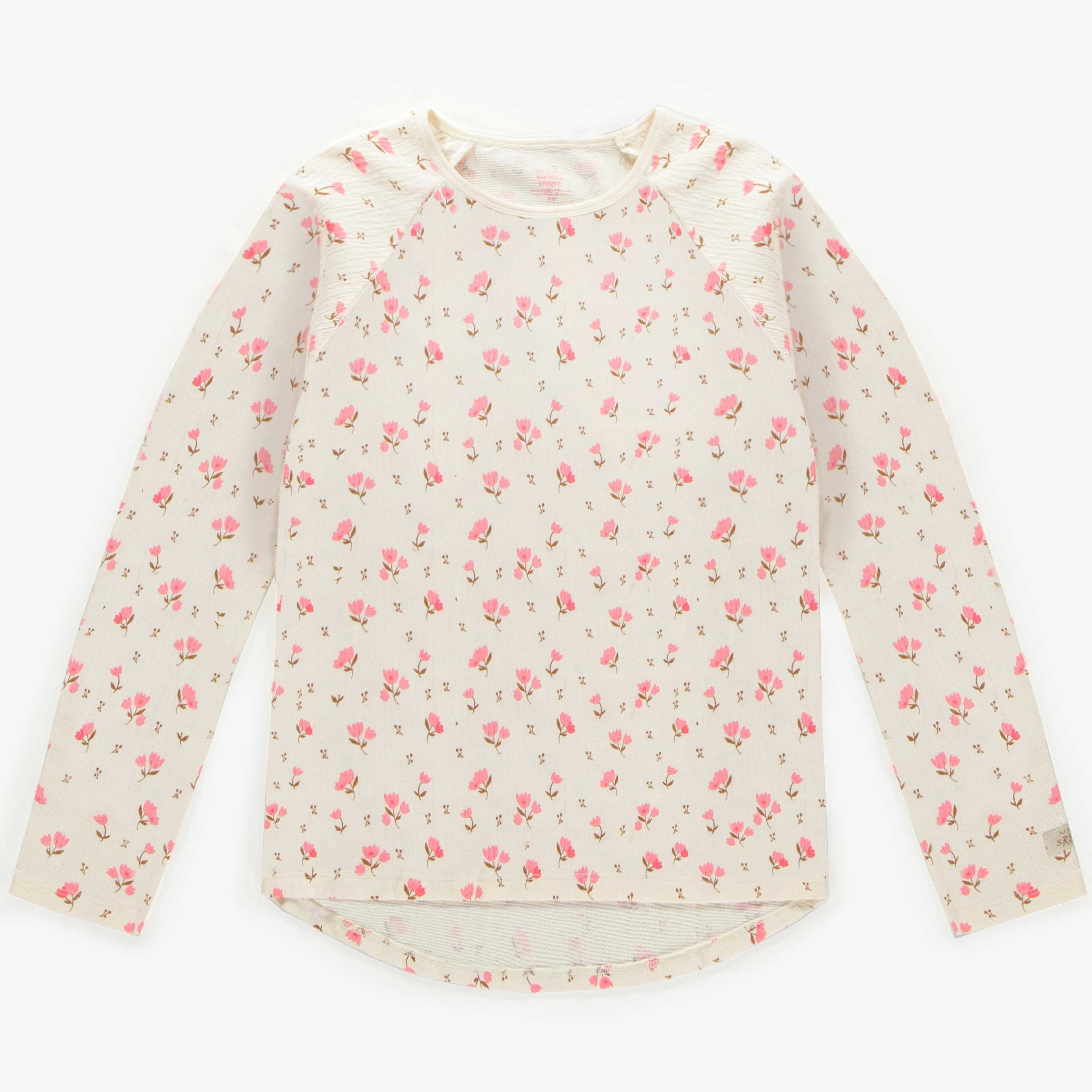 Haut de pyjama crème avec un motif fleuri rose en jersey crêpé, adulte