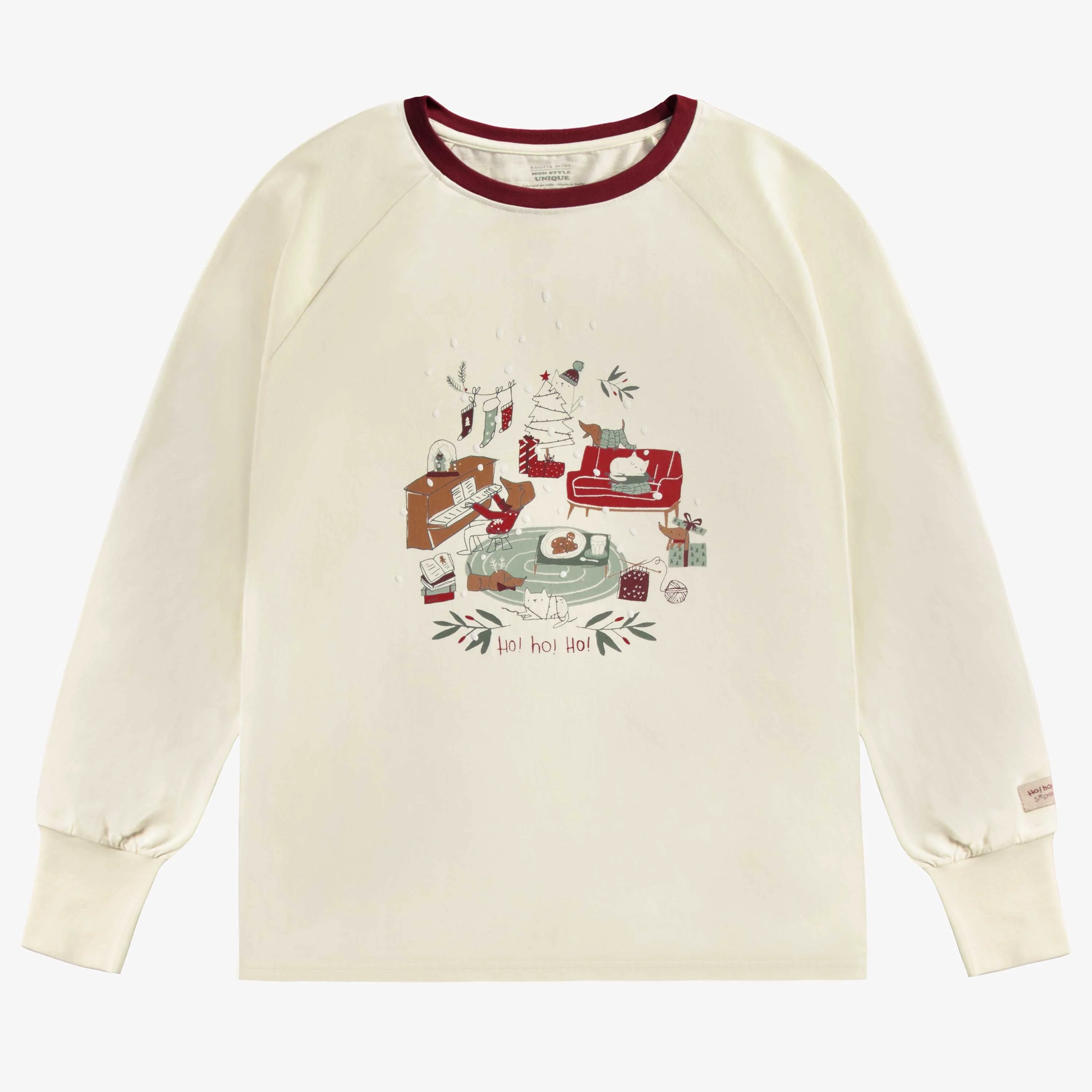 Haut de pyjama des fêtes crème avec illustration en coton, adulte