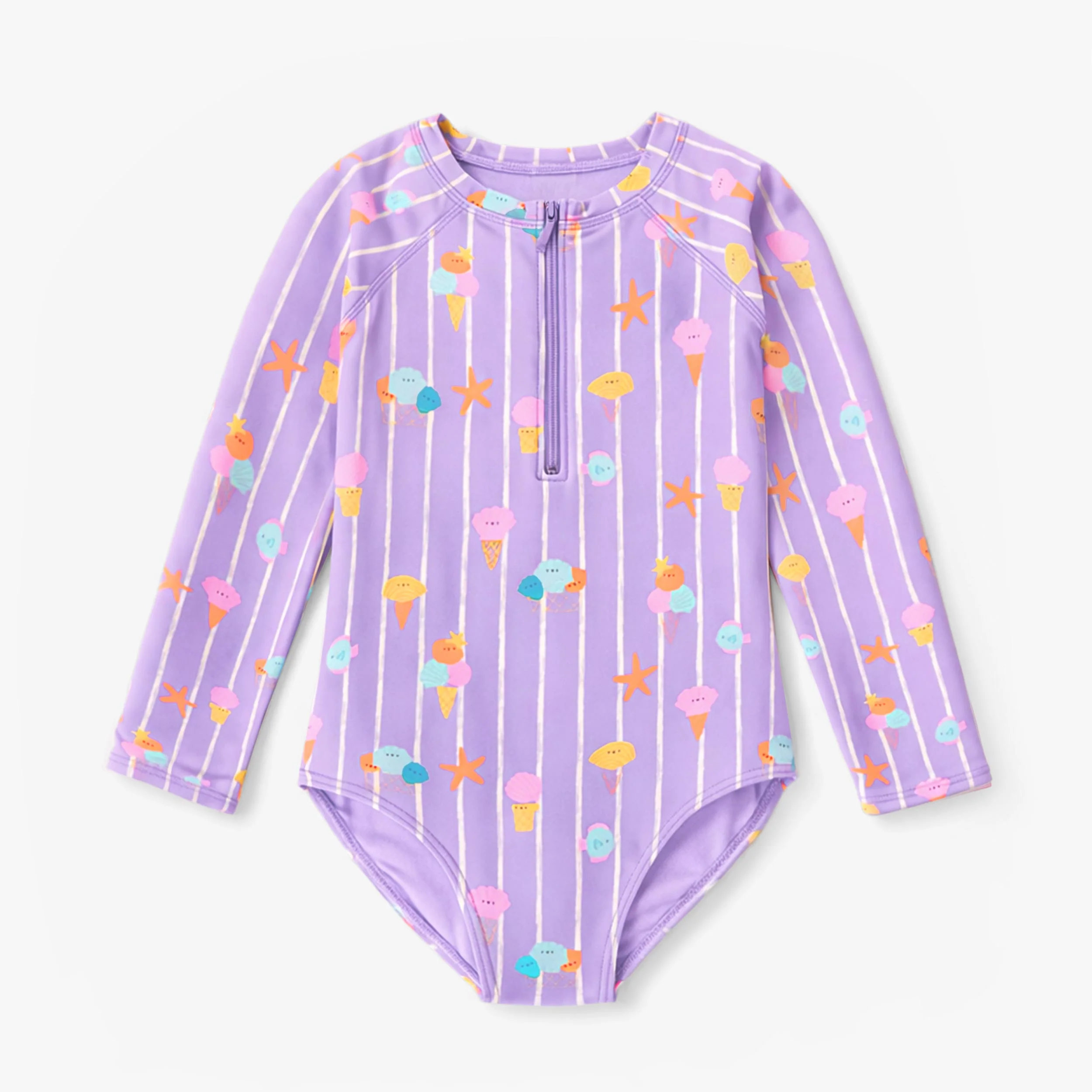 Maillot de bain une pièce mauve avec rayures et motifs, enfant