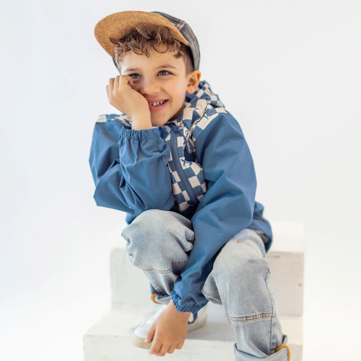 Manteau coupe-vent bleu à motif damier, enfant - Image 3