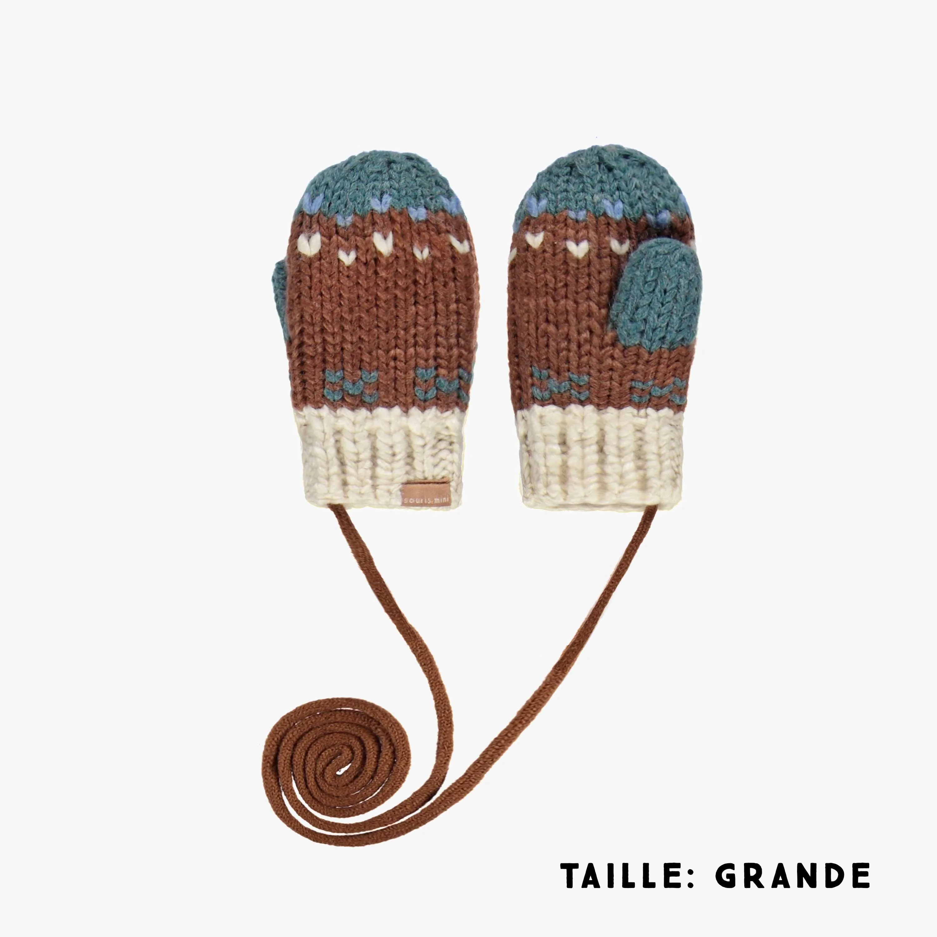 Mitaines brunes à motif jacquard avec cordon en maille, bébé - Image 2