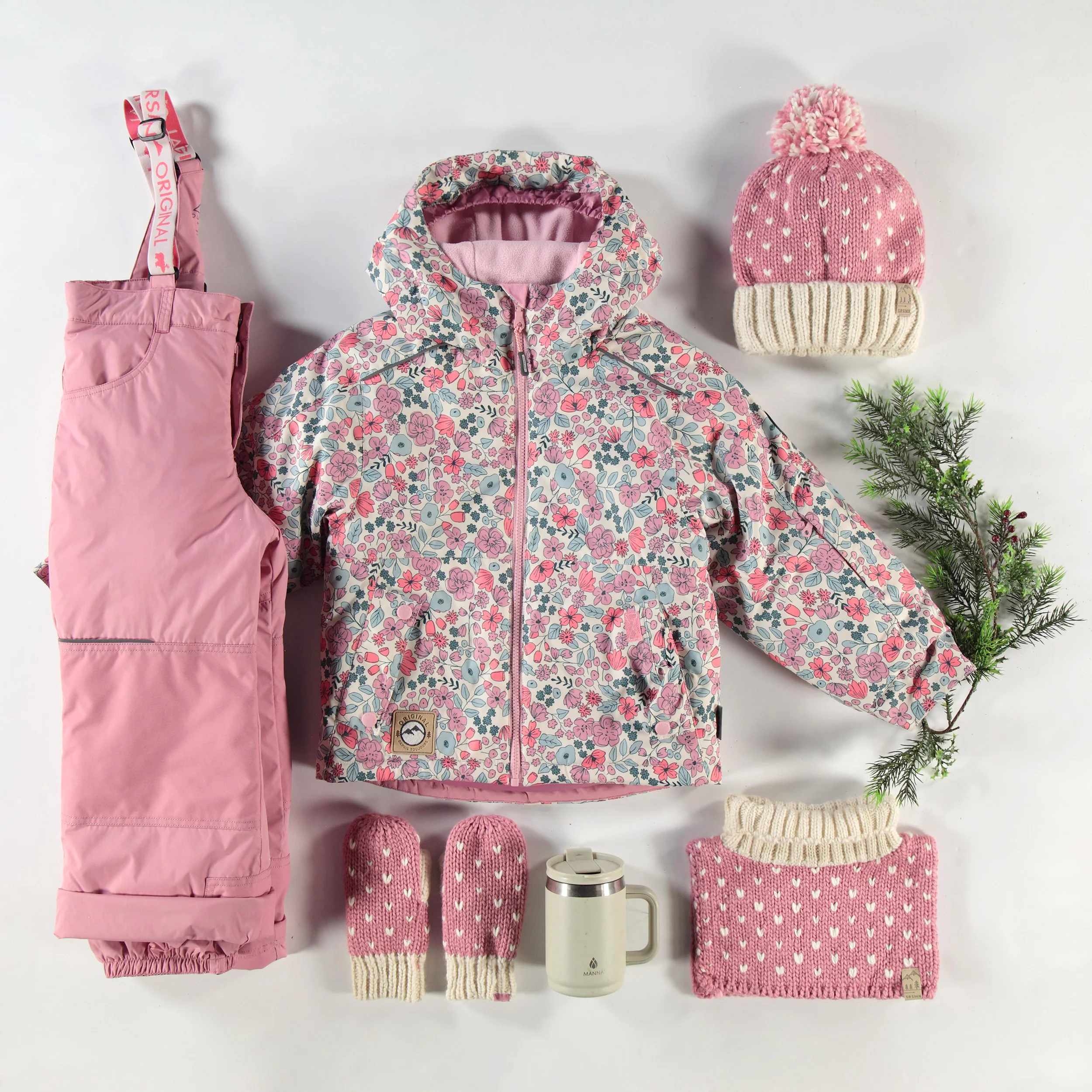 Mitaines rose et crème en tricot avec cœurs, enfant - Image 3