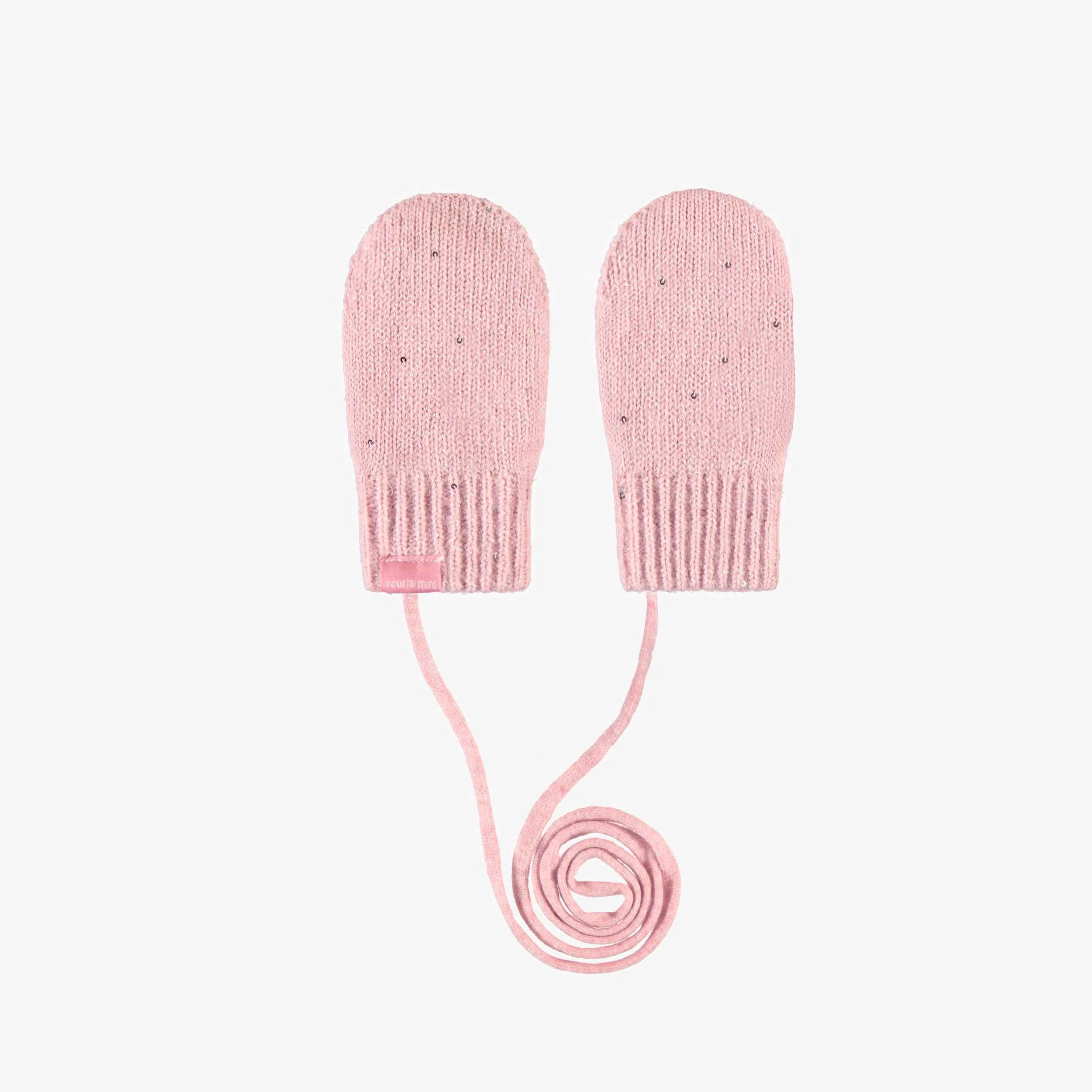 Mitaines roses avec cordon en tricot, bébé