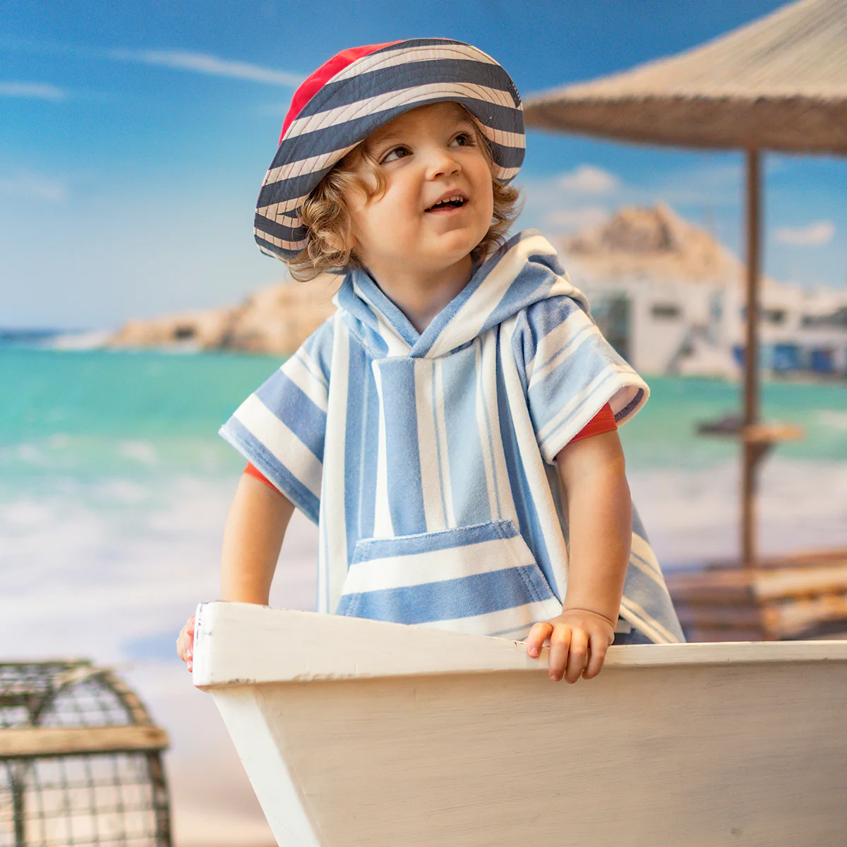 Poncho de plage blanc à rayures bleues, bébé - Image 2