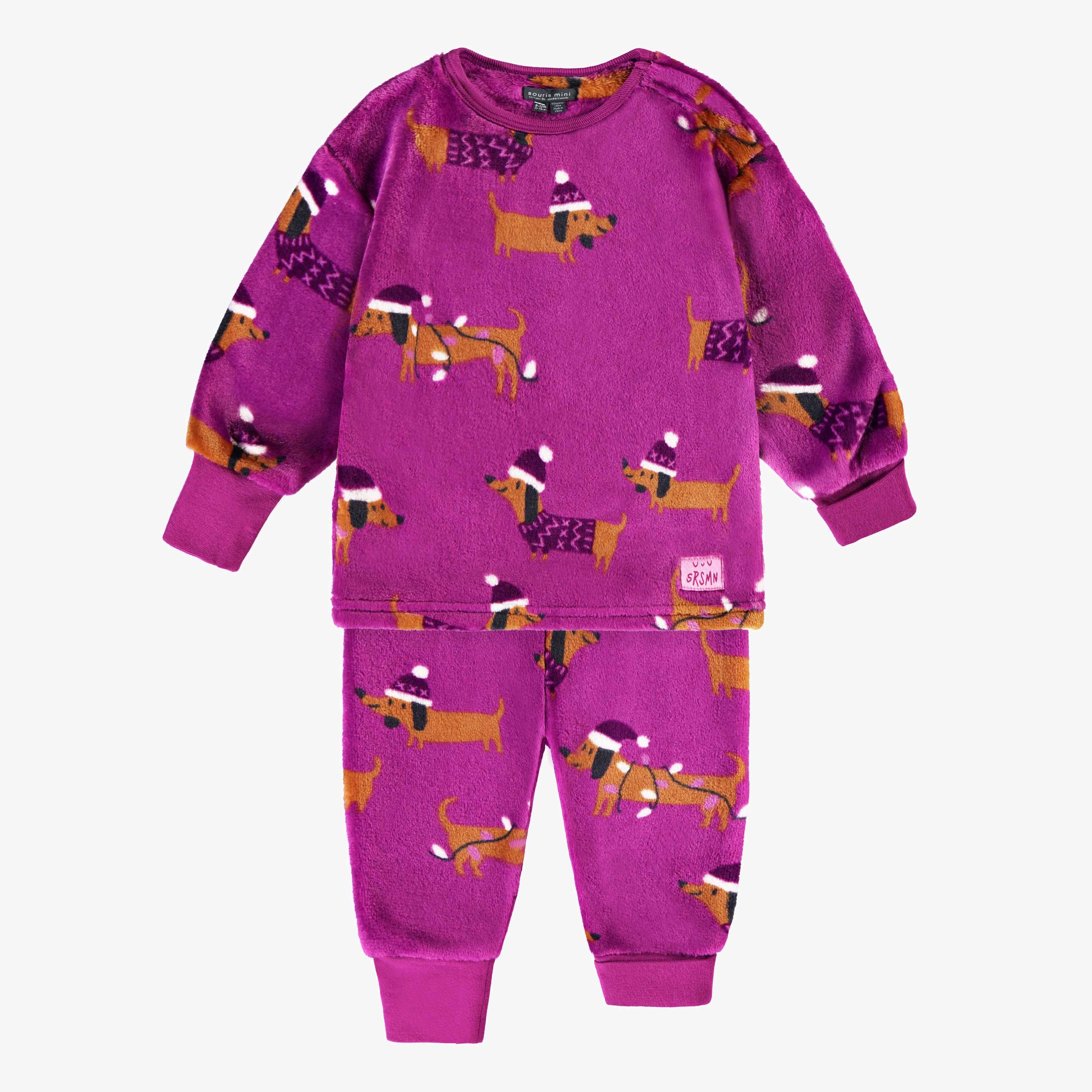 Pyjama deux pièces en peluche mauve à motifs de chiens, bébé