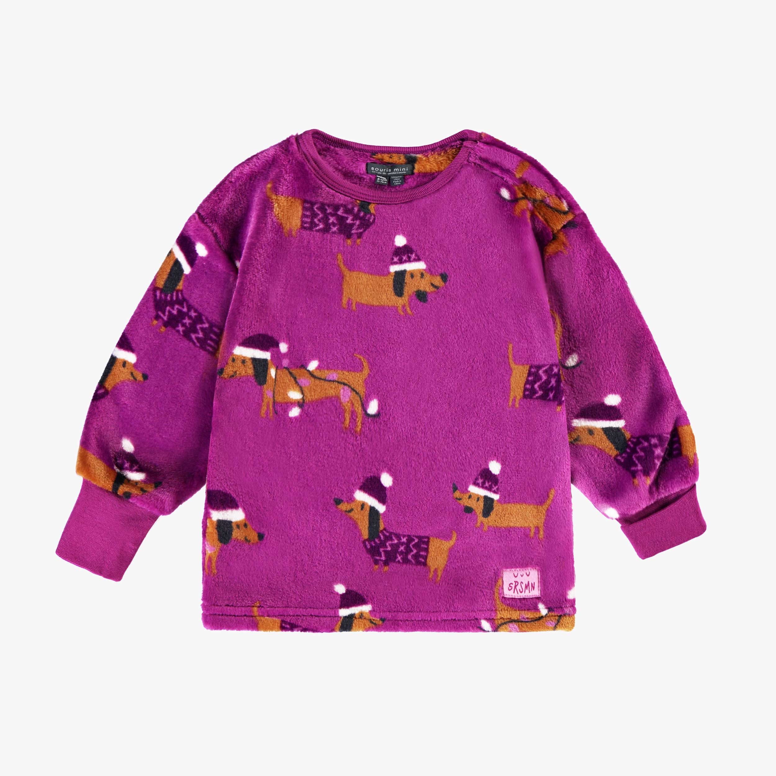 Pyjama deux pièces en peluche mauve à motifs de chiens, bébé - Image 2