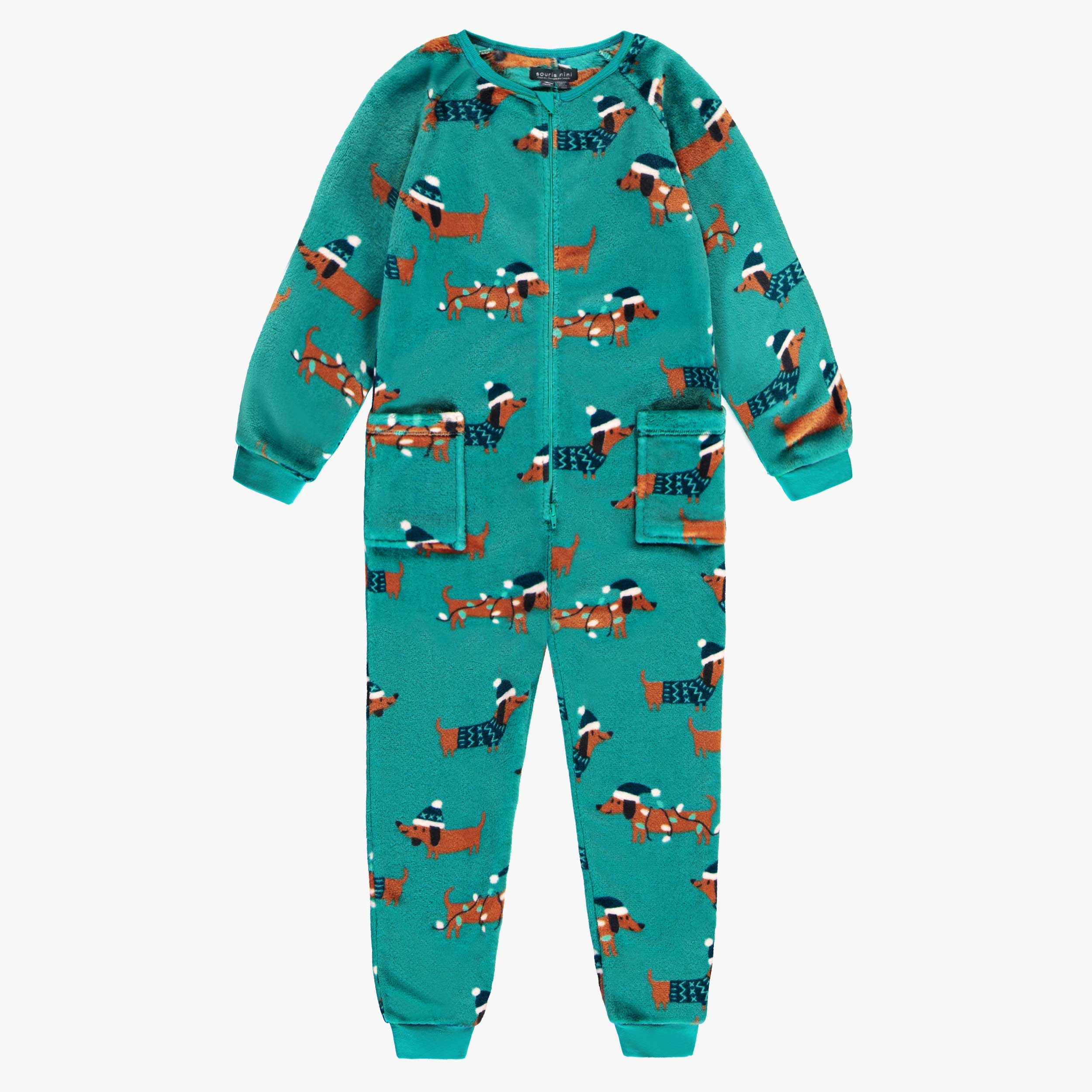 Pyjama une pièce en peluche turquoise à motifs de chiens, enfant