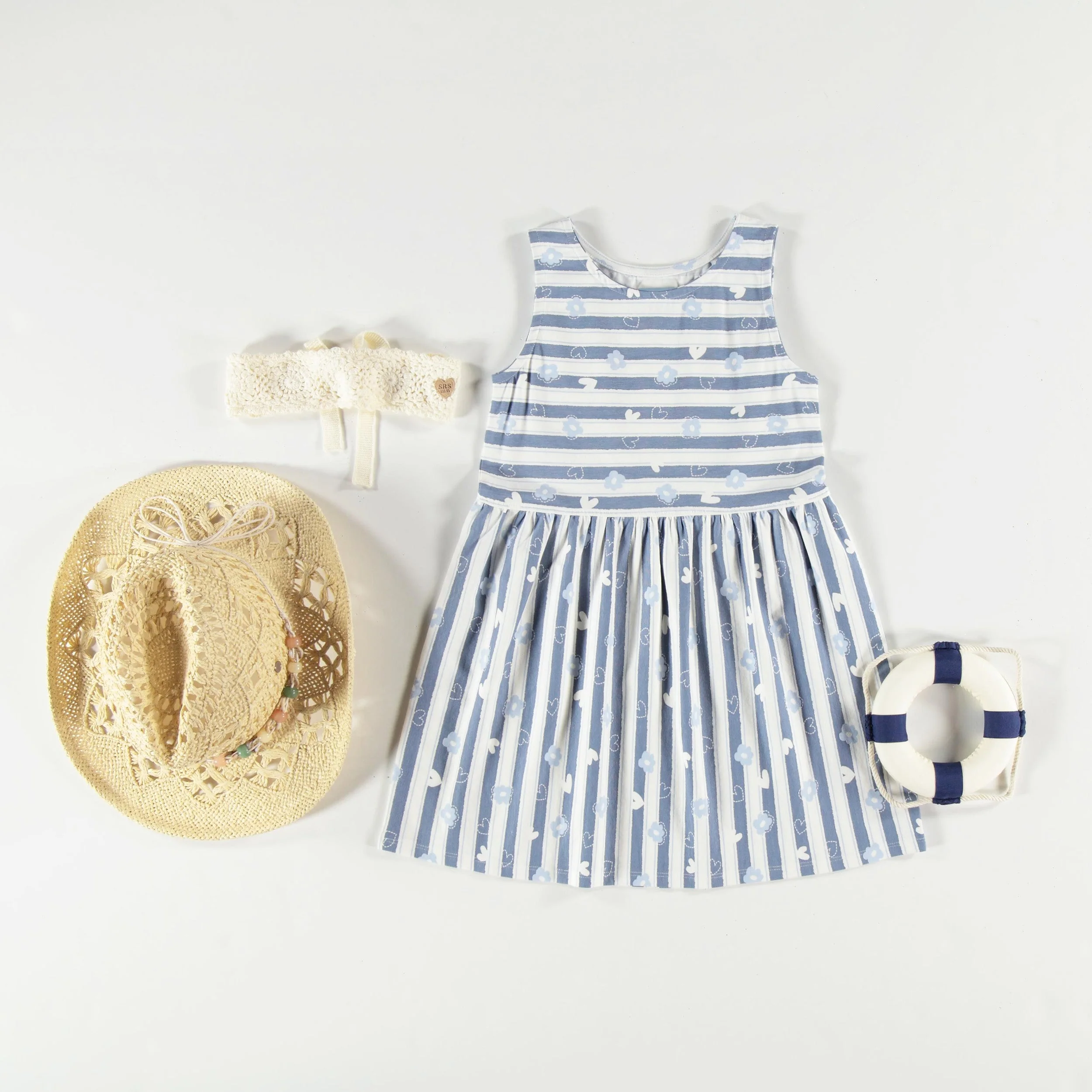 Robe crème à rayures bleues et motifs, enfant - Image 6