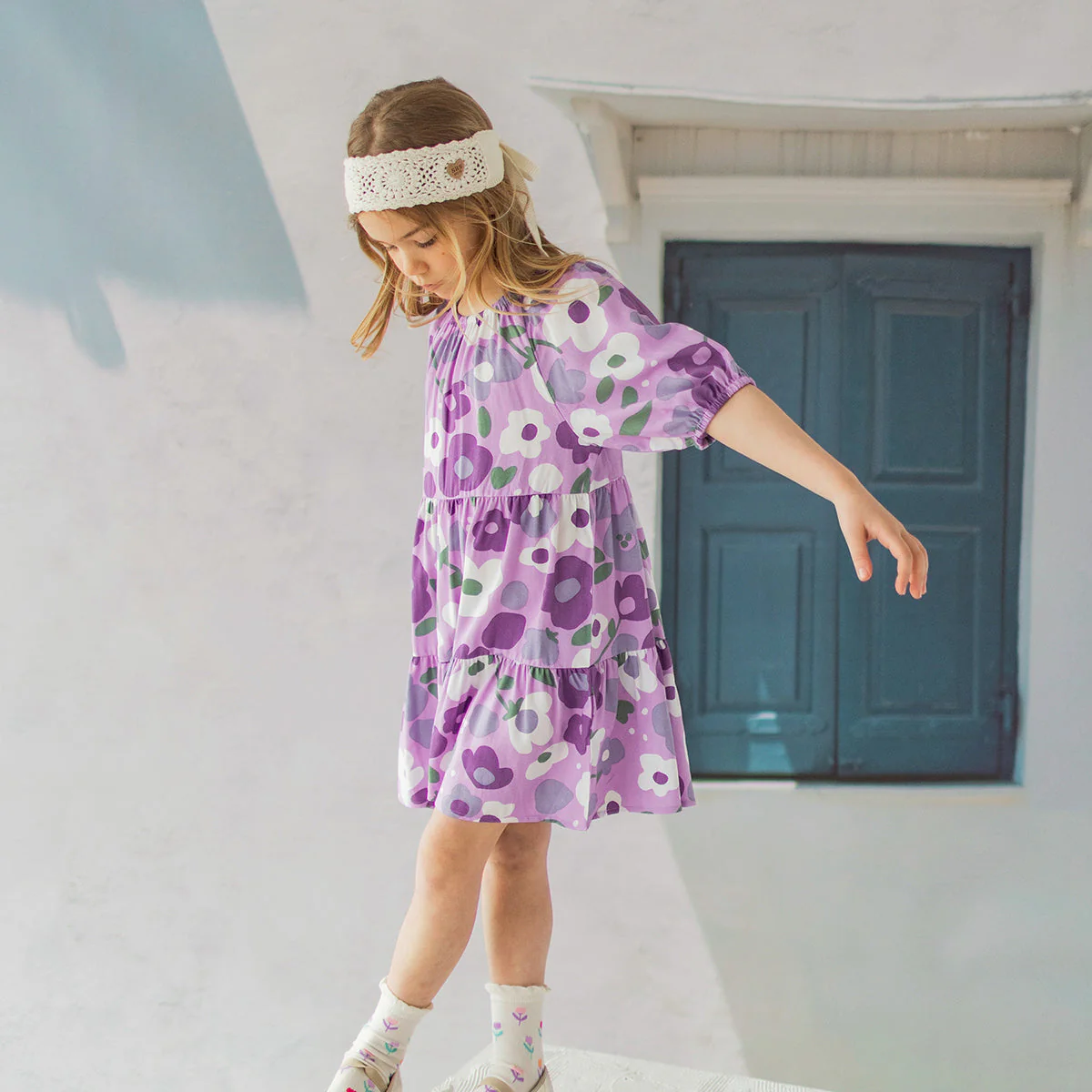 Robe mauve évasée en viscose à motifs de fleurs, enfant - Image 2