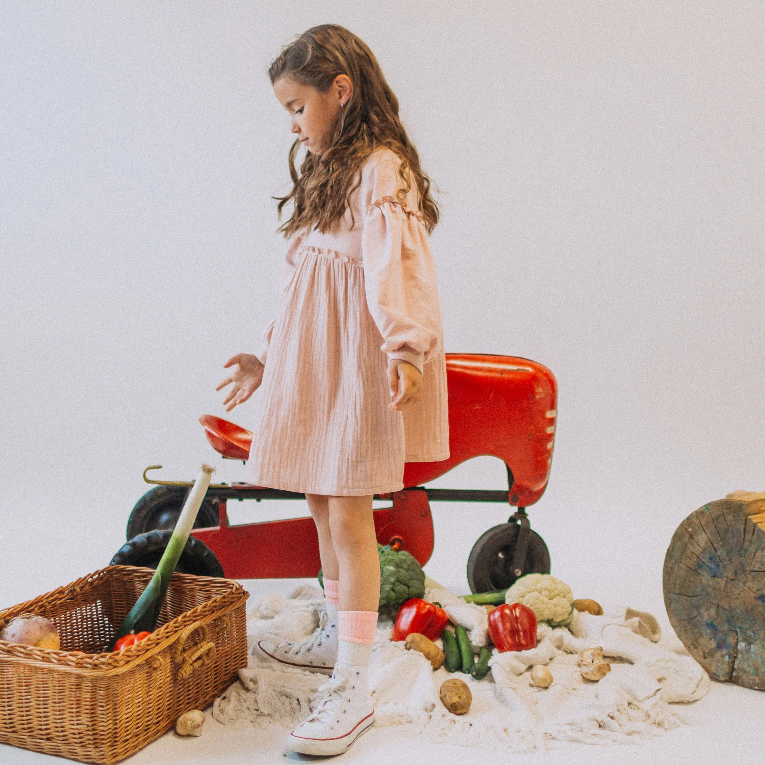 Robe rose à manches longues rose en coton français et mousseline, enfant - Image 2