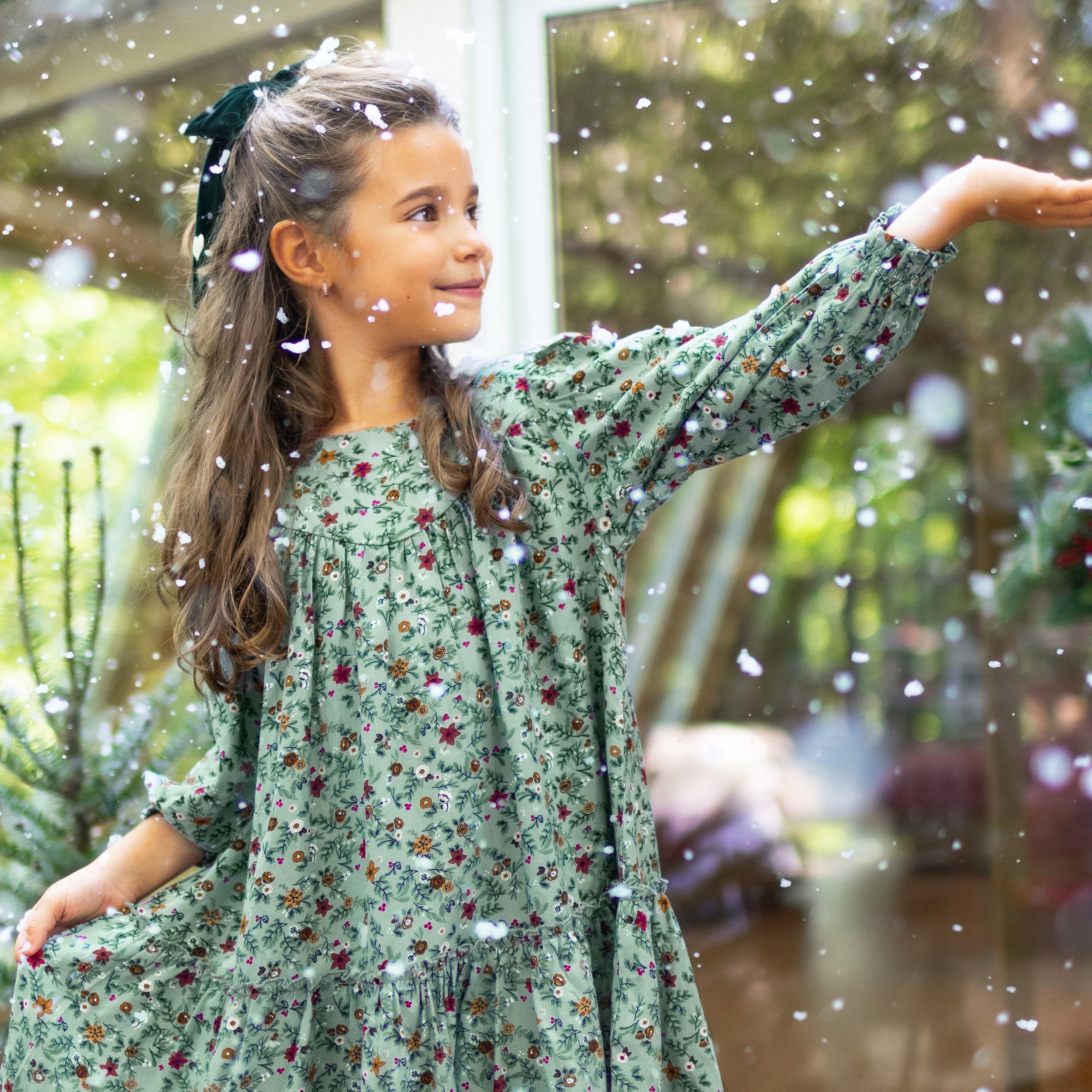 Robe verte à manches longues à motif fleuri en viscose, enfant - Image 2