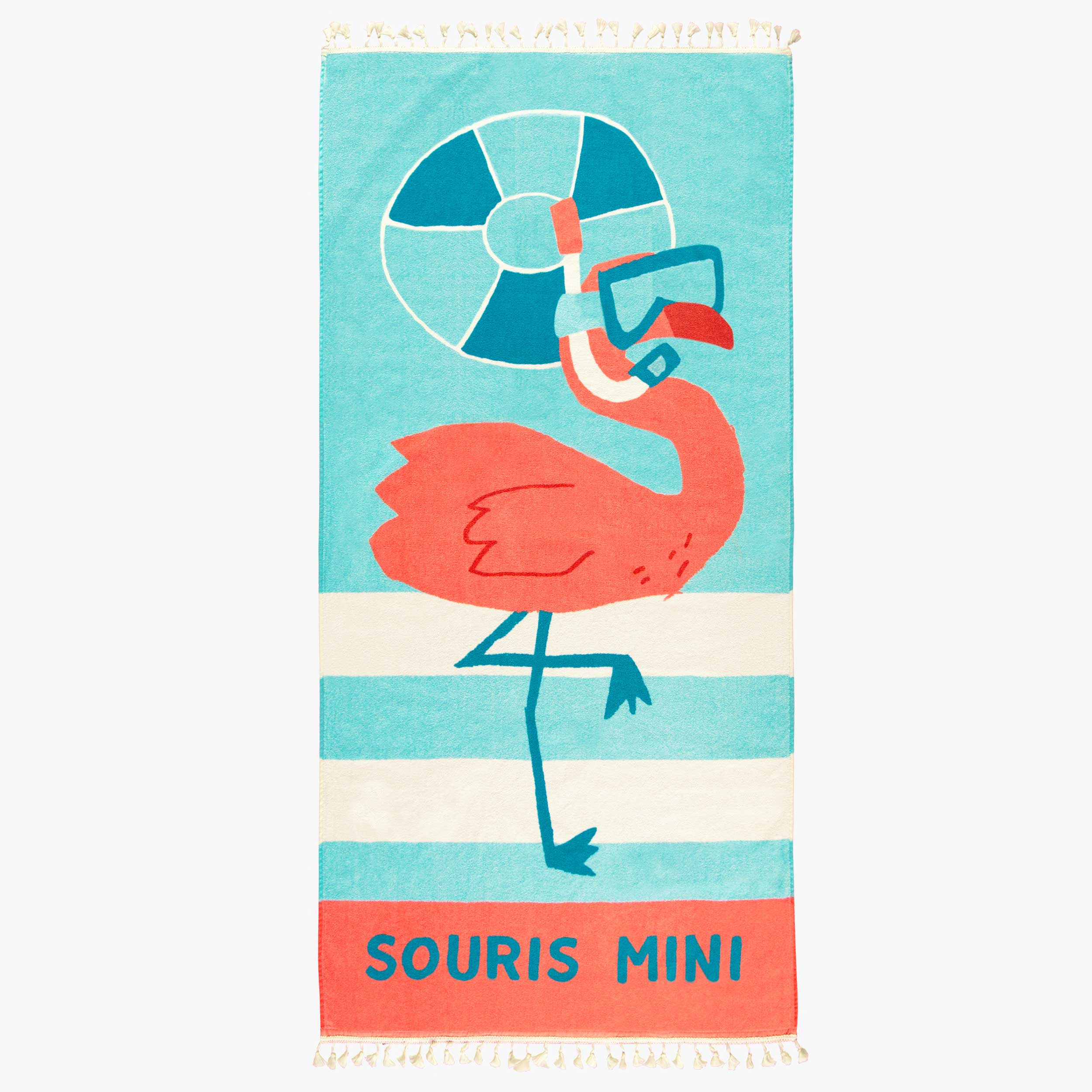 Serviette de plage bleu et orange en ratine avec illustration de flamant, enfant