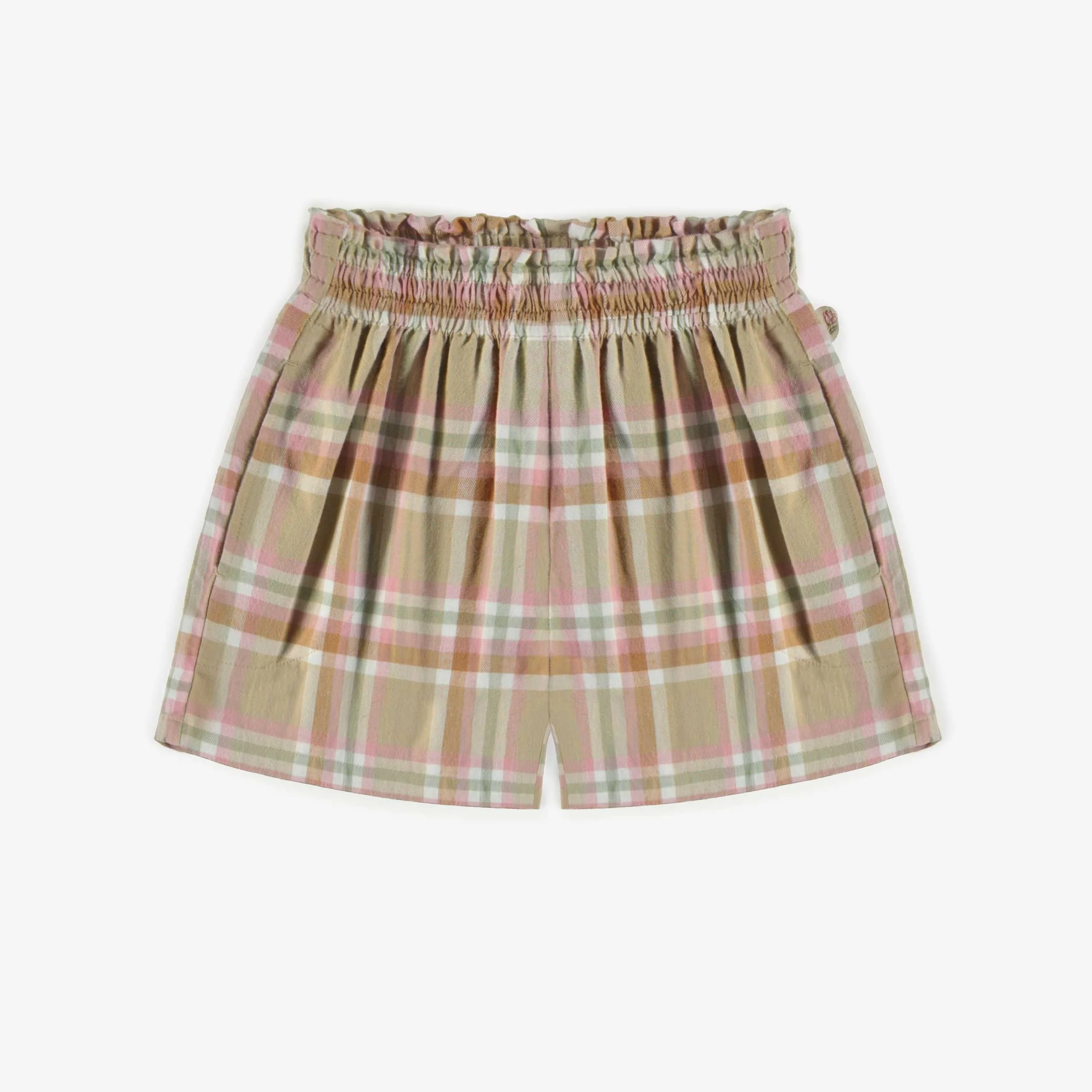 Short beige et rose à carreaux en sergé brossé, enfant