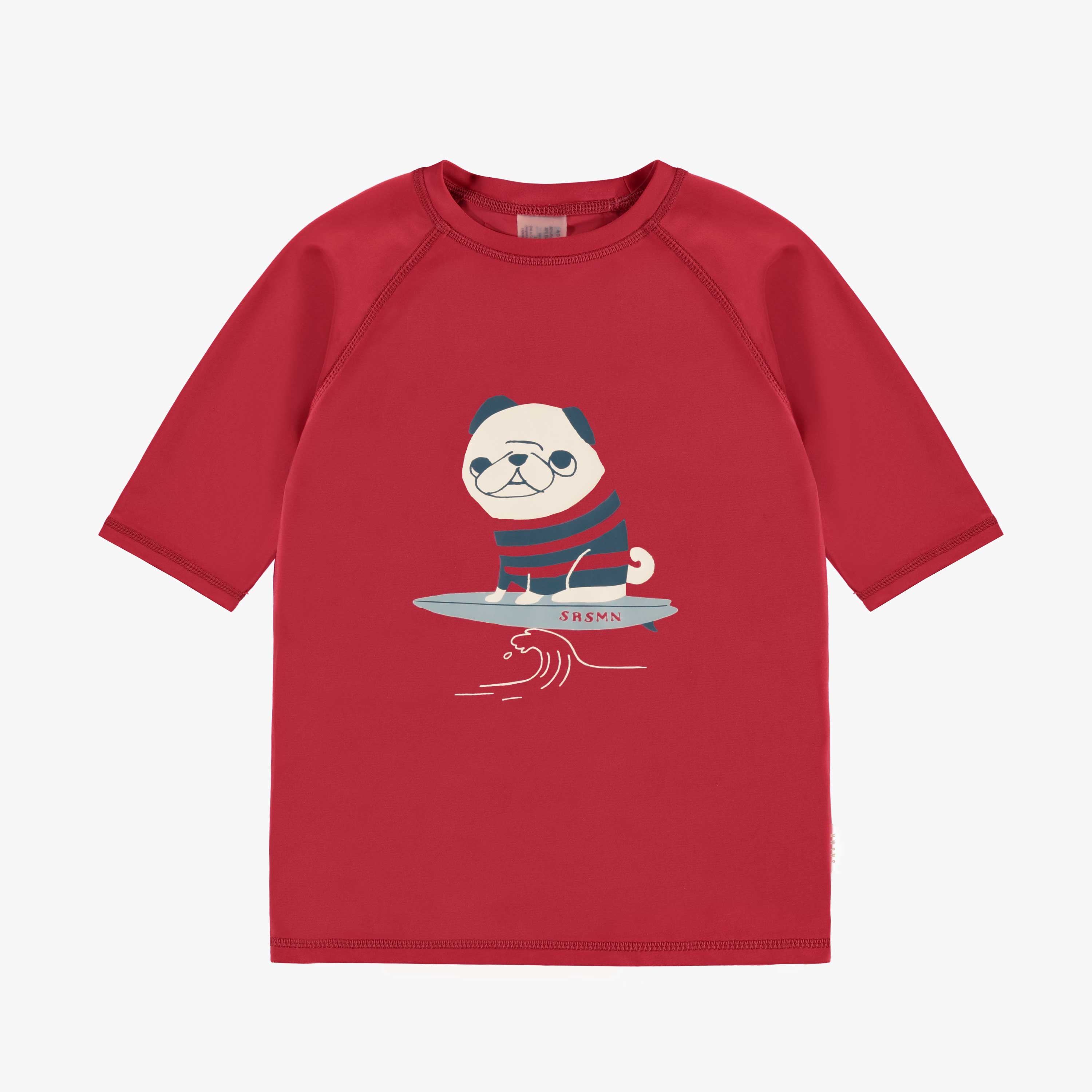 T-shirt de bain à manches courtes rouge avec illustration de chien surfer, enfant