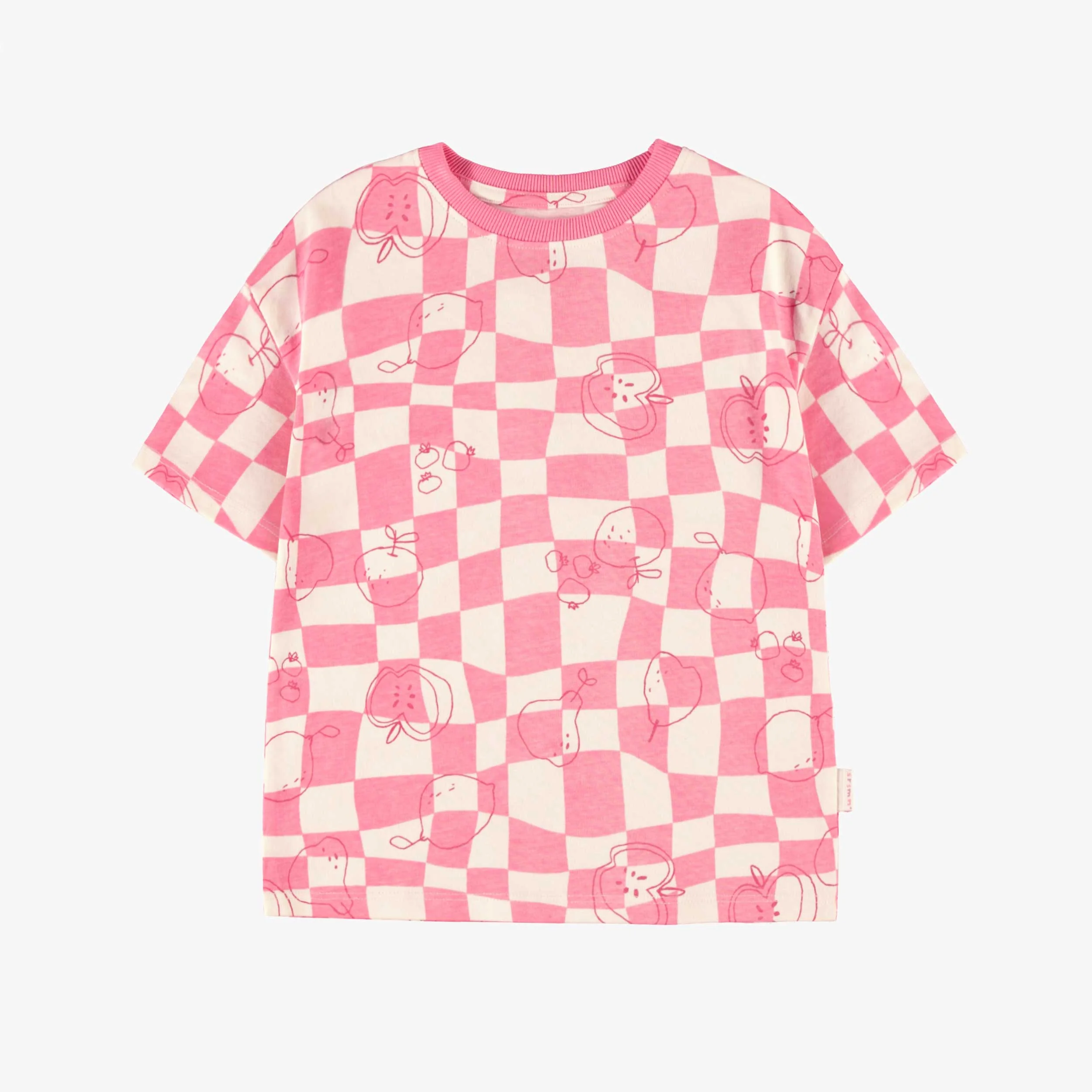 T-shirt rose et crème à carreaux et motifs, enfant